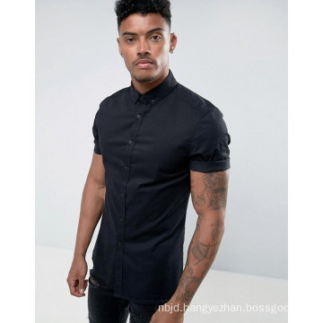 Slim Fit Poplin Shirt with Short Sleeves in Black